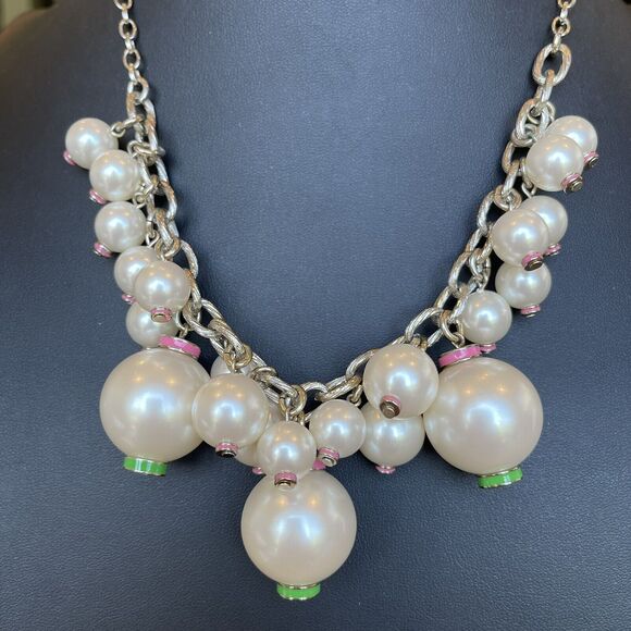 LILLY PULITZER Goodie Good Bauble Pearl Necklace Silver Tone Pink Green 20-22” - Picture 4 of 5